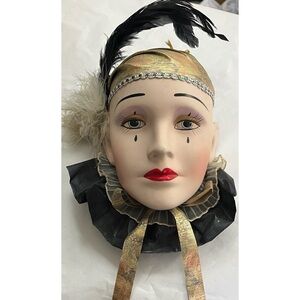 Vintage Decorative Ceramic Harlequin Wall Mask with Black Feathers large